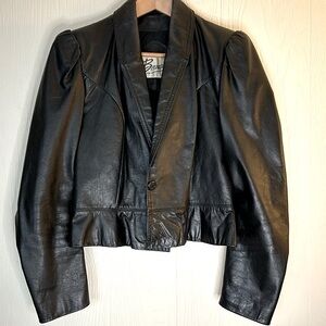 Berman’s Vintage 1980s Black Leather Peplum Puff Sleeve Crop Jacket